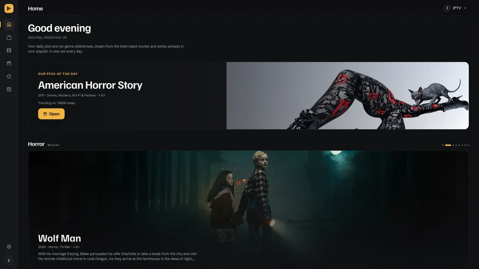 Home page with the pick of the day and a genre slideshow