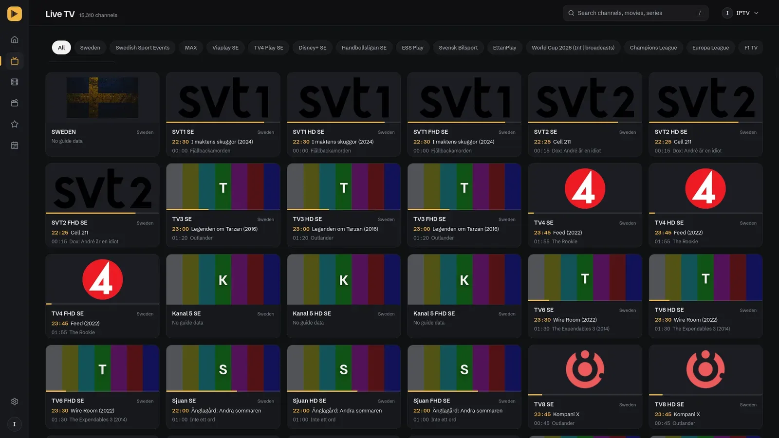 Live TV grid with programme names and progress lines