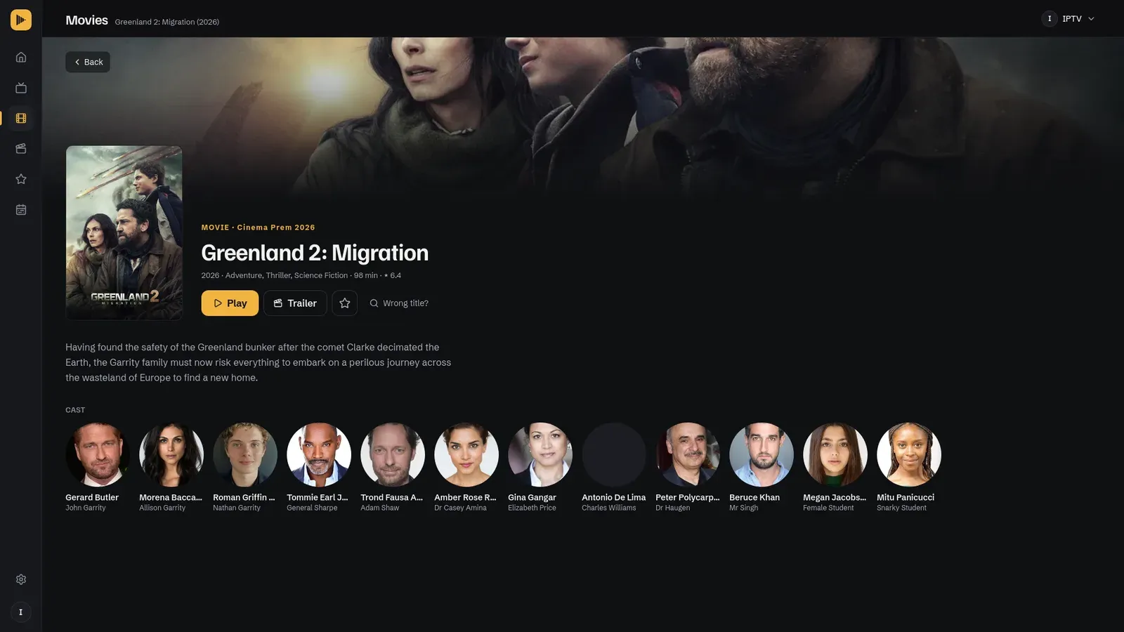 Movie detail page with backdrop, plot, cast and a trailer button